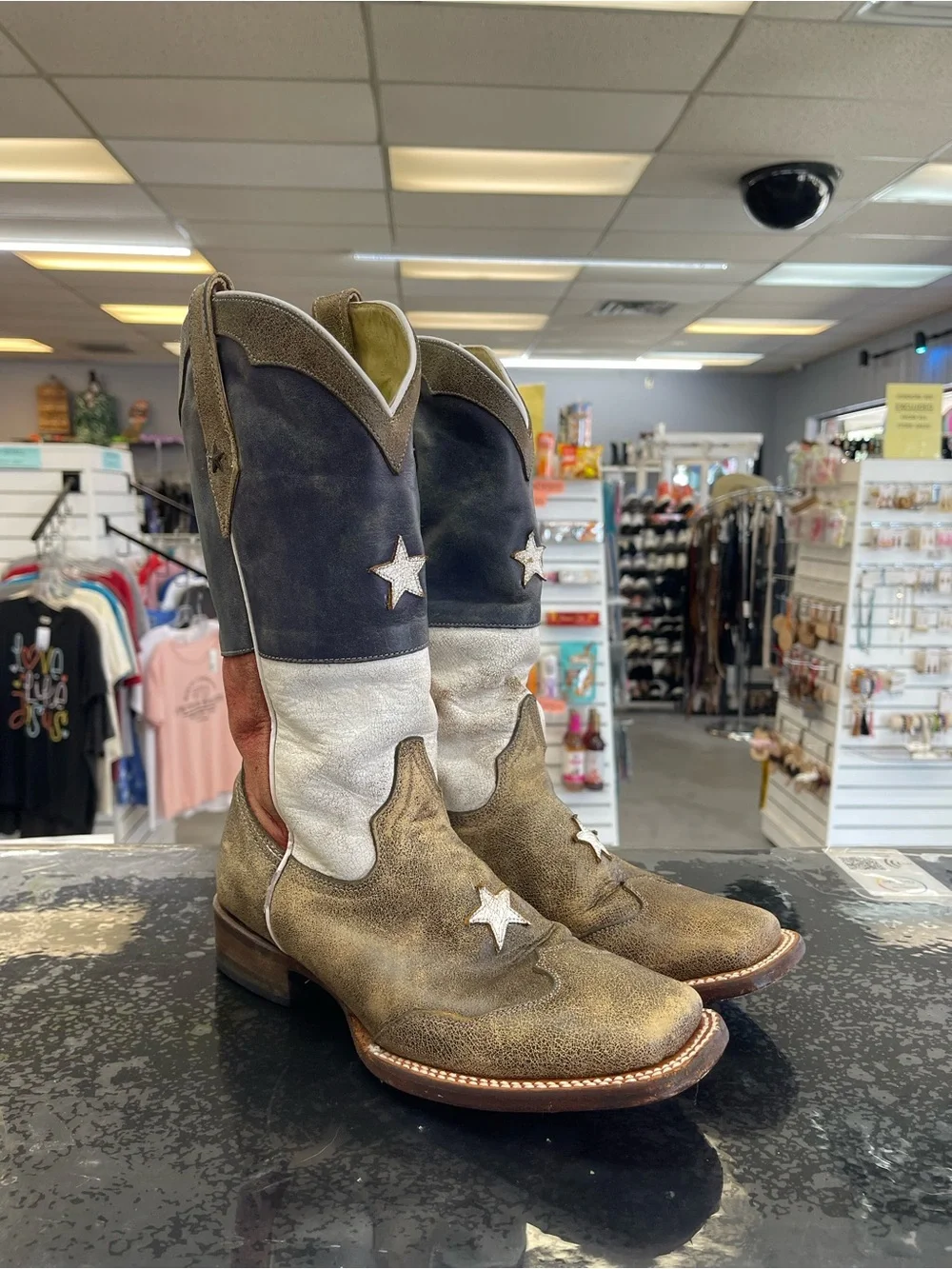 Roper Distressed Tricolor Over-the-Knee Western Boots - Navy, Cream & Red